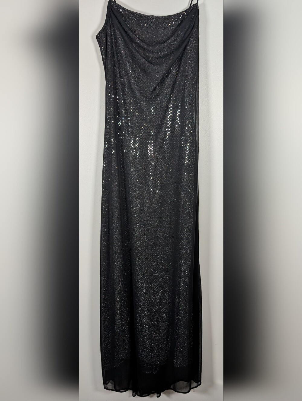 Blondie Nites By Jaslene Black Sequin With Silver Underlay Cowl Neck Maxi Dress